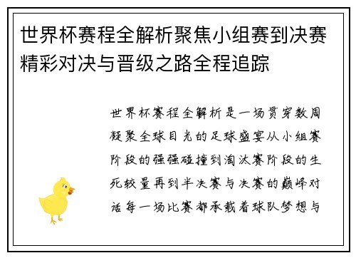 世界杯赛程全解析聚焦小组赛到决赛精彩对决与晋级之路全程追踪 世界杯赛程全解析聚焦小组赛到决赛精彩对决与晋级之路全程追踪
